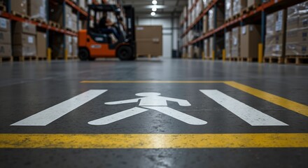 Industrial warehouse pedestrian crossing white symbol yellow safety lines forklift operations. Worker protection facility navigation traffic control. Occupational safety concept
