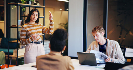 Presentation, speaker and growth with business woman in office for workshop, teamwork and idea....