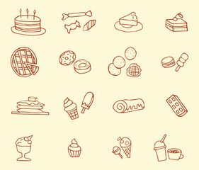 Vector set of hand drawn sweets. Baked and culinary food icons on isolated background.
