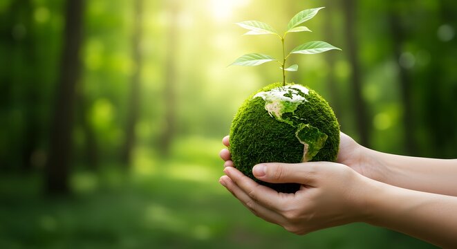 Protecting Our Planet Hands Holding a Moss-Covered Earth with a Sprout