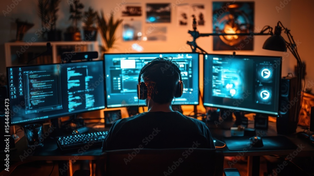 Poster a person wearing headphones, seated at a desk with multiple computer monitors, working on a computer