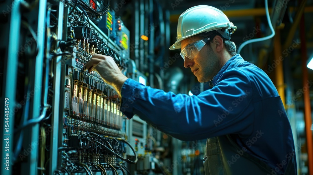 Poster a man in a hard hat and safety glasses is working on a machine in a factory setting.