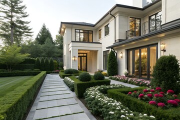 Naklejka premium Modern luxury home exterior with landscaped garden and walkway