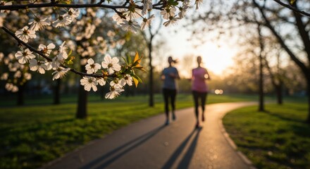 Obraz premium Cherry blossoms joggers running park sunset golden light exercise. Spring fitness outdoor activity healthy lifestyle recreation. Wellness concept