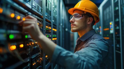 A young man in a hard hat and safety glasses, working in a server room with multiple servers and cables.