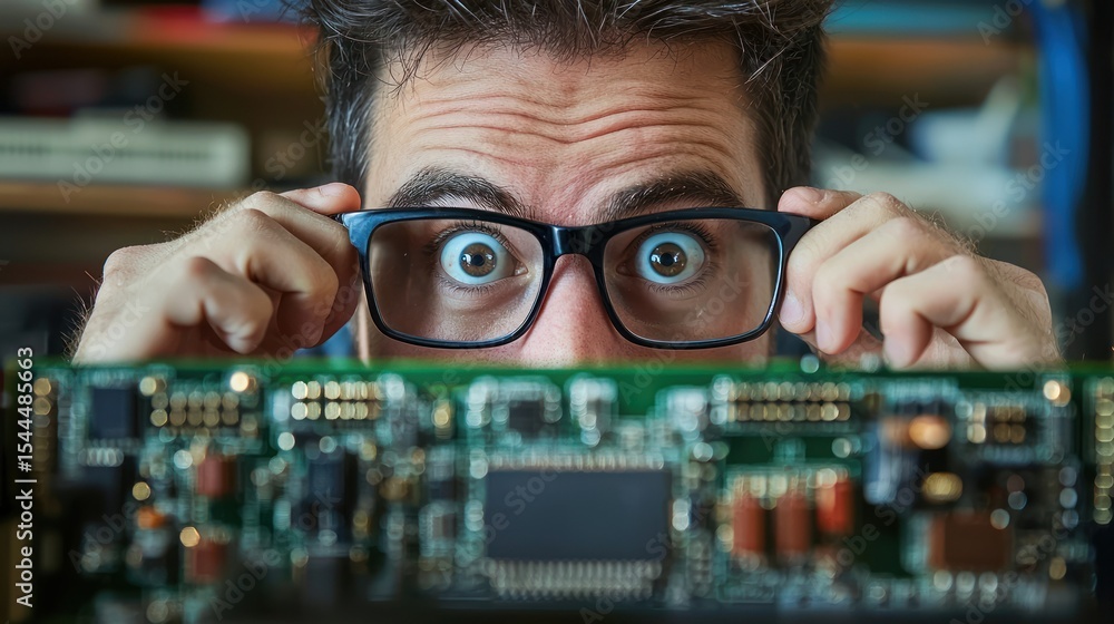 Poster a man with glasses looking at a computer circuit board with a surprised expression.