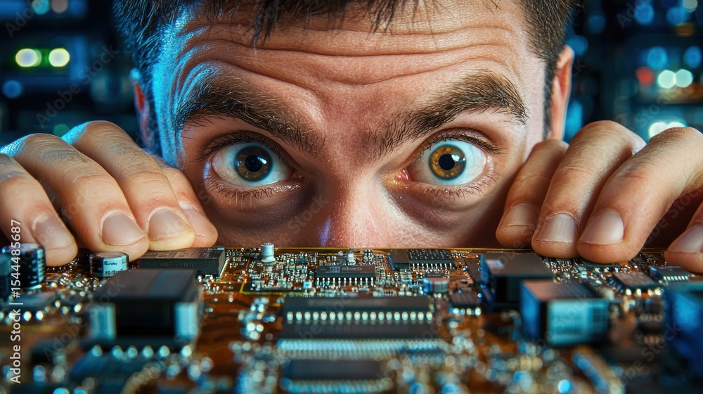 Aufkleber a man with a surprised expression, looking through a computer circuit board with his hands on the ed