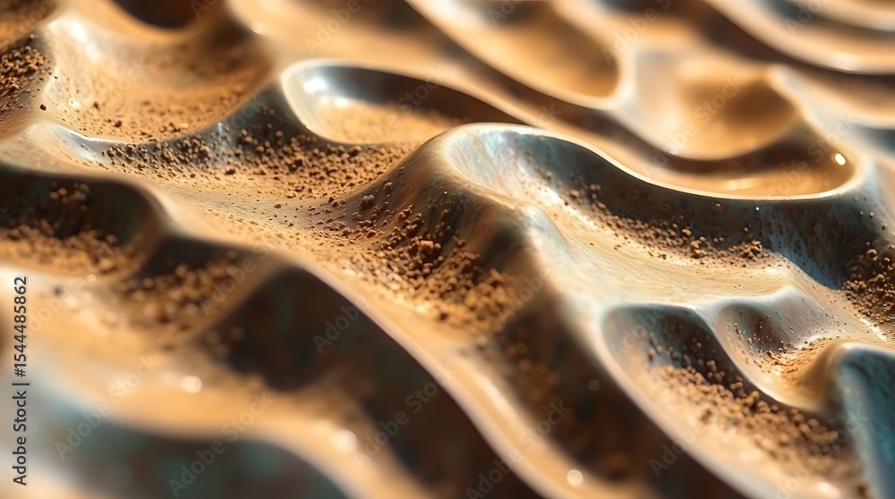 Poster closeup view of an abstract textured surface resembling metallic sand with undulating waves and ripp
