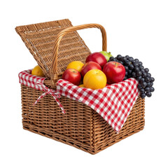 A classic wicker picnic basket brimming with a colorful assortment of fresh fruits like apples, lemons, and grapes, set on a red and white checkered cloth, perfect for a summer outing.