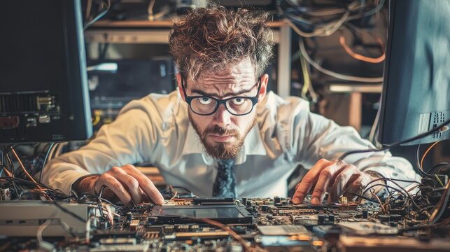 A man in a white shirt and glasses, working on a computer in a cluttered office environment.