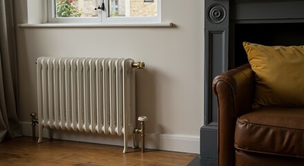 White radiator with brass valves by window in cozy living room with leather armchair. Home heating and comfort concept. HVAC services, radiators, heating systems, energy efficiency solutions