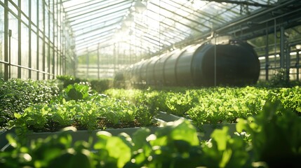 Lush greenery of plants growing in a greenhouse.