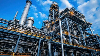 Fototapeta premium A large, industrial chemical plant with multiple towers, pipelines, and equipment against a blue sky with white clouds.