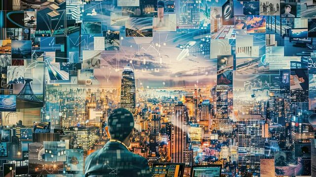 Man analyzing city data streams with futuristic interface, cityscape backdrop, data visualization, digital age, modern technology, and business professional - Powered by Adobe