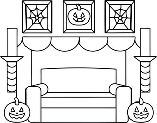 A Festive Halloween Scene Depicting a Cozy Room with Decorated Walls, Fireplace, Couch and Candlesticks, Evoking a Spooky Yet Comfortable Ambiance Ready for Halloween Celebrations
