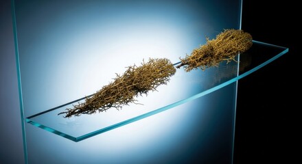 Two dried arrangements connected by a stick on a clear glass shelf against a blue gradient background