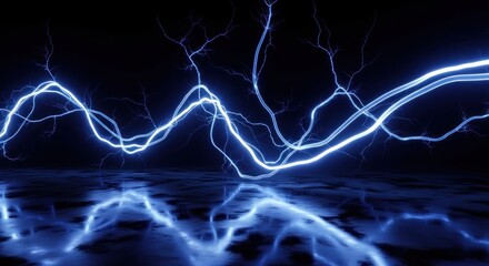 A striking display of electric blue lightning bolts reflecting on a dark reflective surface below