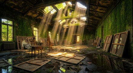 Sunlight streams through broken roof of abandoned art studio with canvases and easels scattered around