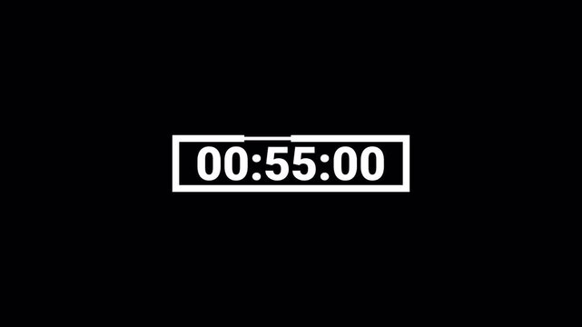 One minute digital countdown timer stopwatch animation from 60 to 0 seconds on transparent background with minutes, seconds, miliseconds, Countdown video with alpha channel.	