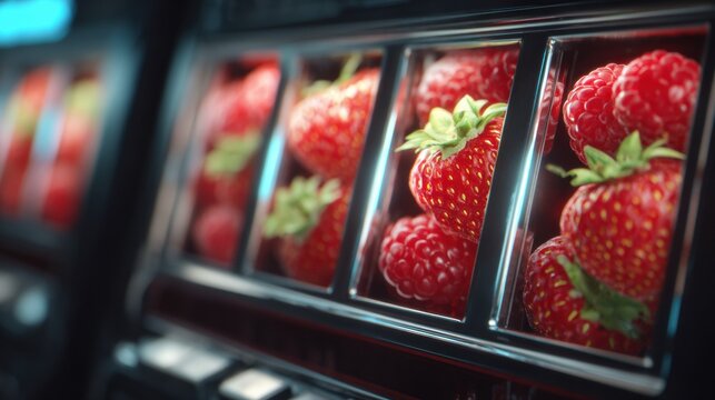 Classic Fruit Slot Machine Reels Spin Rapidly, Filling the View With Vibrant Strawberries and Glowing Effects in a Lively Gaming Environment