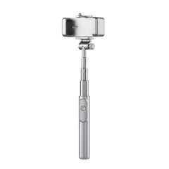 A modern silver selfie stick with an extendable arm and adjustable phone holder, perfect for capturing self portraits and group photos on the go.