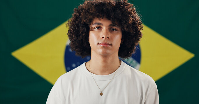 Brazil flag, voter and man with pride for country, portrait and symbol for citizenship and holiday. Political, person and representative for nation, confident or support for patriotism and identity