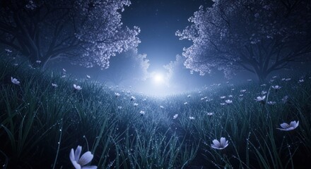 A dreamy landscape with white flowers and grass under a night sky with a bright light source ahead