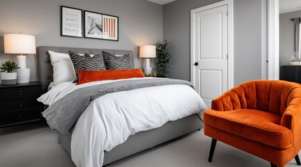 Une chambre à coucher moderne avec un grand lit, une palette de couleurs blanc, gris et orange, un fauteuil en velours, une plante verte et des œuvres d'art accrochées au mur.
