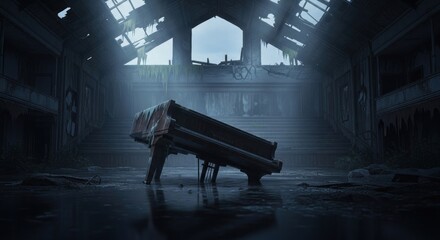 A dilapidated piano sits in a flooded and abandoned building with a decaying roof and broken windows
