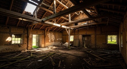 Interior view of a dilapidated building with broken roof beams and debris scattered on the floor space