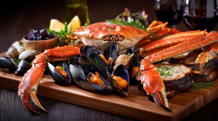 Un plateau en bois avec divers fruits de mer, dont des pattes de crabe et des moules, disposées sur une table avec des verres de vin rouge en arrière-plan.