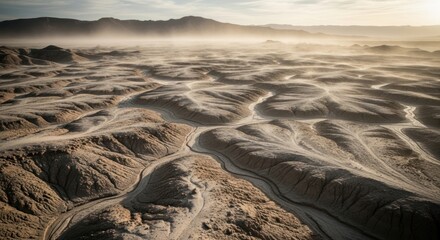 Aerial view of dry riverbeds and eroded landscape with distant mountains under hazy sunlight sky