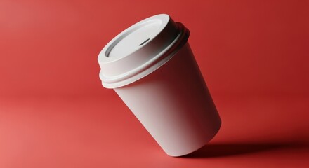 A white coffee cup with a lid is tilted on a red background creating a simple and clean composition