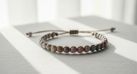 A beaded bracelet with pastel colors resting on a white surface with soft light and shadows falling on it