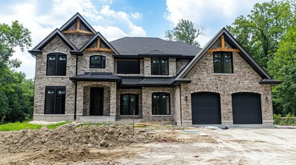 A new, unfinished house with a stone exterior and black accents, surrounded by greenery and a clear blue sky.