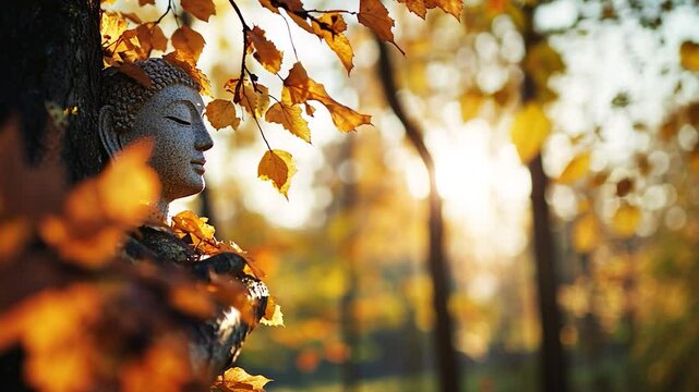 Stone spiritual figure statue profile among golden autumn leaves in forest sunlight