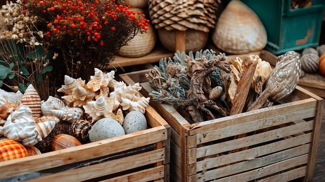 Seashells driftwood and dried flowers in wooden crates
