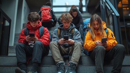Fototapeta premium Teenagers on Stairs Focused on Their Phones