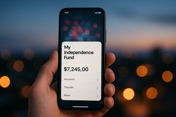 Hand holding a phone with a minimalist "My Independence Fund" app. A sleek visual concept for promoting modern financial technology apps.