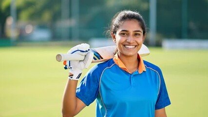 Young female Indian cricketer smiling with bat on field in sunny daytime scene - Powered by Adobe
