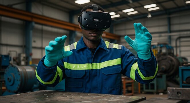 African American worker using VR headset in industrial setting with protective gloves