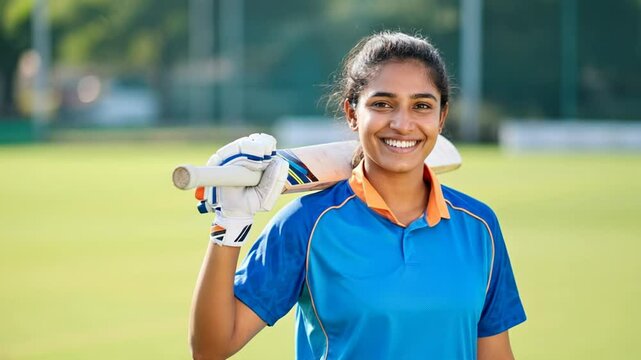 Young female Indian cricketer smiling with bat on field in sunny daytime scene