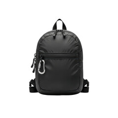 Naklejka premium A modern black nylon mini backpack featuring multiple zippered compartments and a prominent silver carabiner clip, ideal for daily essentials and light travel.