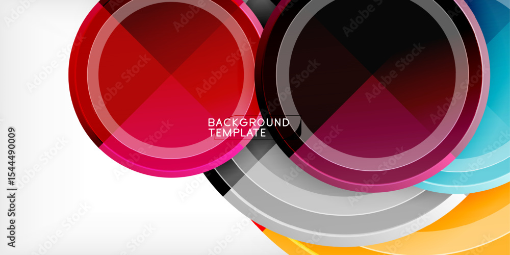 Poster Abstract circles overlap, creating vibrant color gradients. Modern design with black background, white space. Template for presentations.
