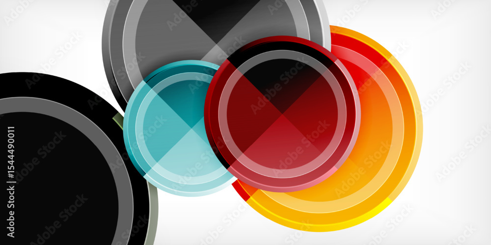 Poster Abstract circles overlap, creating vibrant color gradients. Modern design with black background, simple shapes, dynamic composition.