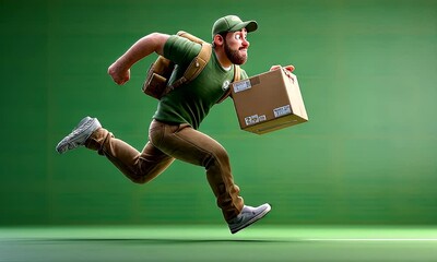 Animated delivery person running with a parcel vibrant green background dynamic movement