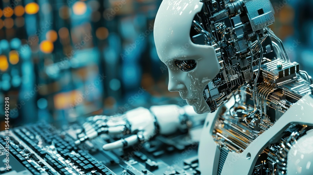 Poster a humanoid robot with a white and metallic body, wearing a helmet, is seated at a computer keyboard 