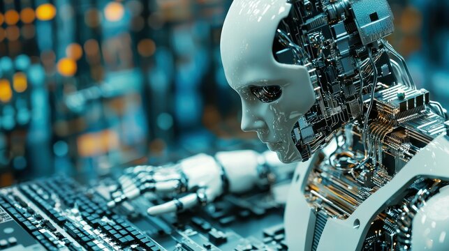 A humanoid robot with a white and metallic body, wearing a helmet, is seated at a computer keyboard in a high-tech, industrial setting with a blurred background of machinery and lights.