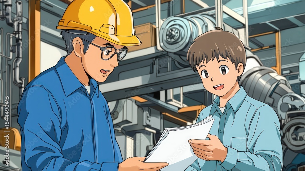 Poster two engineers in a factory, discussing a blueprint in front of a large industrial machine.