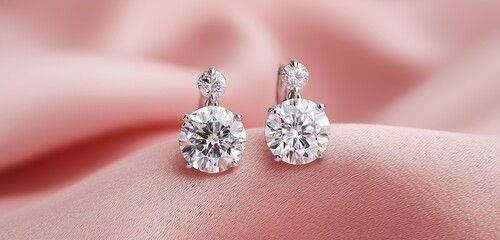 A stunning pair of diamond earrings isolated on a delicate pink backdrop, highlighting their luxurious shine and elegance.